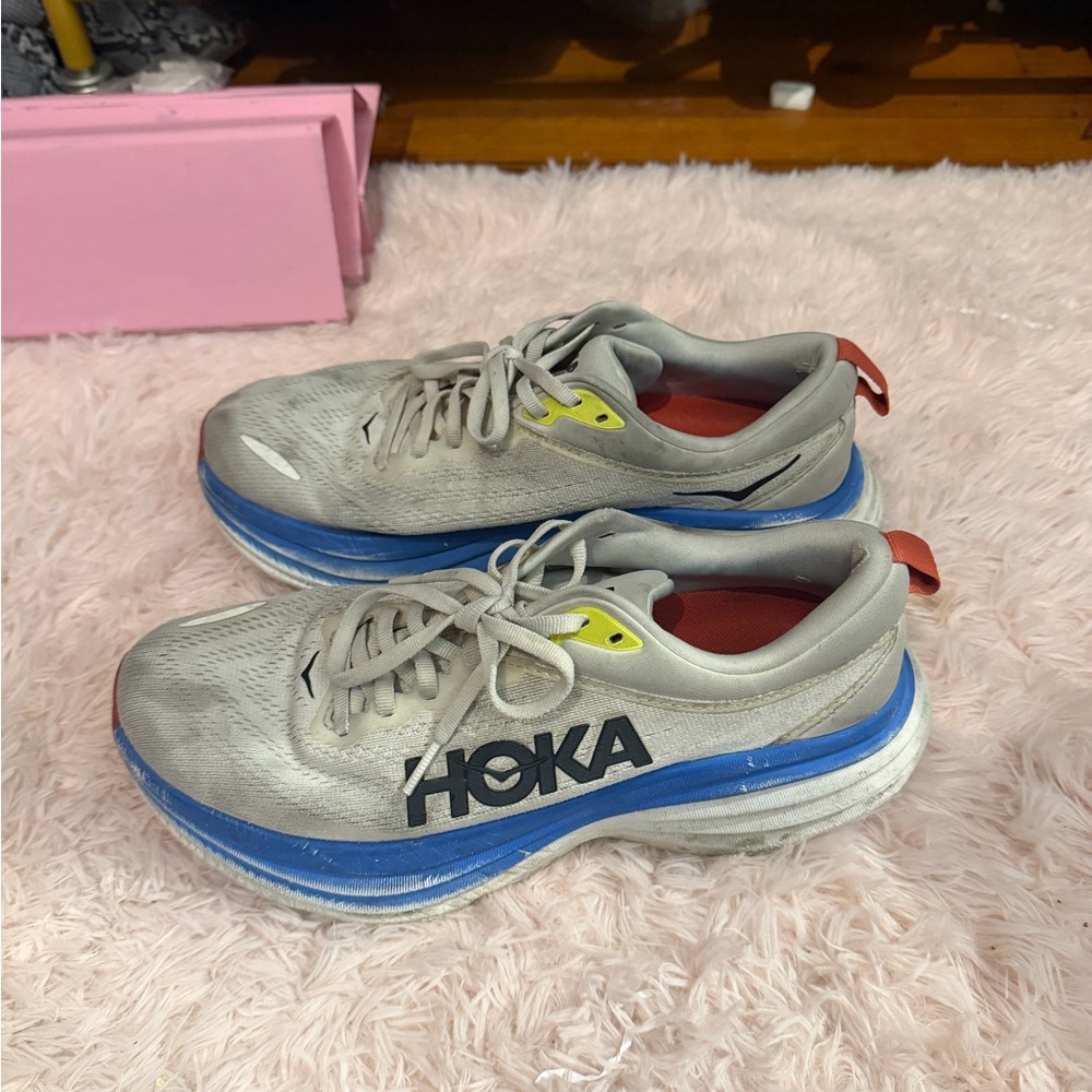 Hoka Bondi 8 sneakers, blue/gray/red